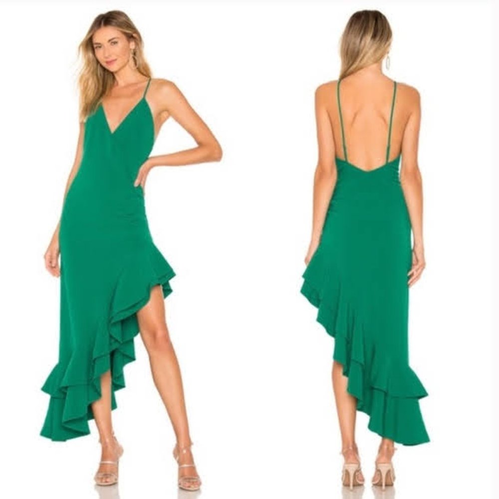 Lovers + Friends Evergreen Gown Jewel Green Ruffle Asymmetric Hem V Neck New S